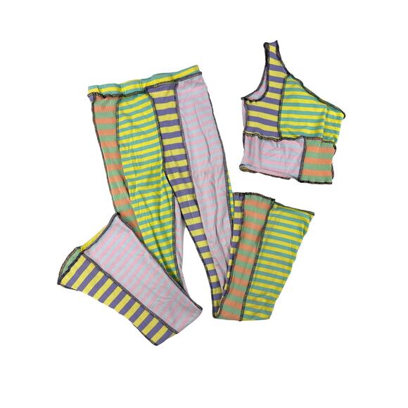 The Ragged Priest Pants - The Ragged Priest - Patchwork Stripes One Shoulder Top & Pants in Green & Purple